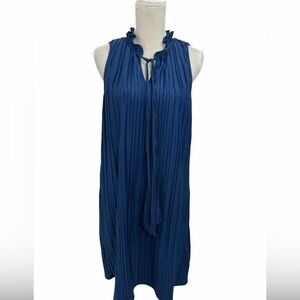 DKNY Size 8 Tie Neck Dress Blue Pleated Sleeveless Ruffle Collar Shift
